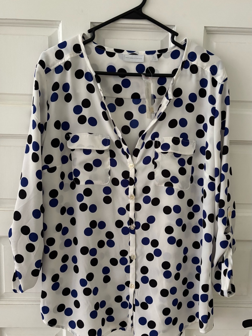 Women’s Polka Dot Button-Front Blouse - White with Blue & Black Dots